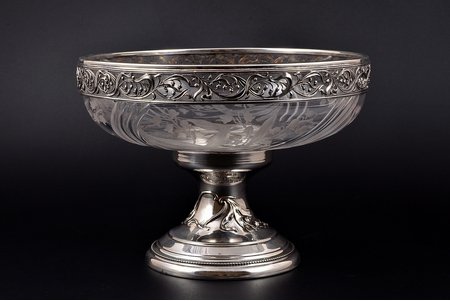fruit dish, silver, with glass, 950 standard, (total weight of item) 882.15, Ø - 20 cm, h - 14.6 cm cm, Gustave Veyrat, 1894-1911, Paris, France