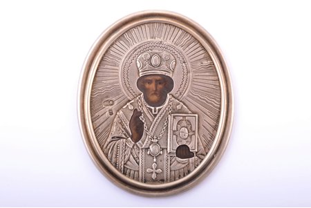 ikona, Svētais Nikolajs Brīnumdarītājs, ar veltījumu "...biedram N.N. Žegalovam no Ustj-Dvinskas cietokšņa kājnieku bataljona komandiera un virsniekiem, 1900. g. 3. jūlijā", sudrabs, gleznojums, 84 prove, meistars Grigorijs Sbitņevs, Krievijas impērija, 1900 g., 7.2 x 6 x 0.3 cm, 50.10 g.