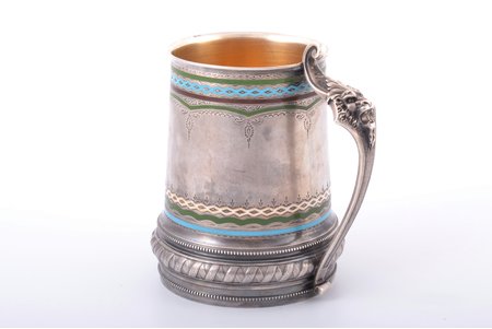 bear mug, silver, 84 standart, engraving, gilding, champleve enamel, 1880-1899, 311.20 g, P. Milyukov workshop, Moscow, Russia, h 11.4 cm, small enamel chips