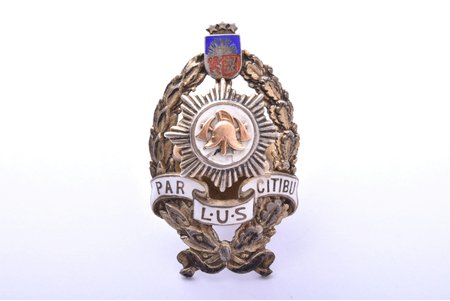 badge, LUS For diligence (Latvian Firefighter Union), 1st class, silver, gold, enamel, Latvia, 20-30ies of 20th cent., 52.9 x 31 mm, 14.10 g, enamel chip