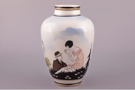 vase, "Loves me - loves me not", porcelain, Burtnieks manufactory, hand-painted, sketch by Sigismunds Vidbergs, Riga (Latvia), 1929-1939, h 21.5 cm, premium (GOLD MARK) grade