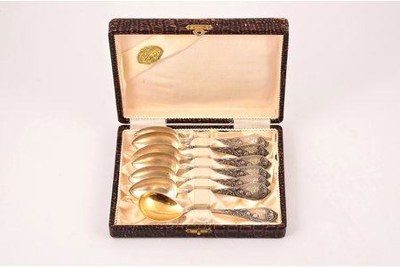 set of teaspoons, silver, 6 + 1 pcs., "Poppies", art nouveau, 875 standard, 189.20 g, gilding, 14 / 13.7 cm, H. Bank's workshop, the 20-30ties of 20th cent., Latvia, ina box