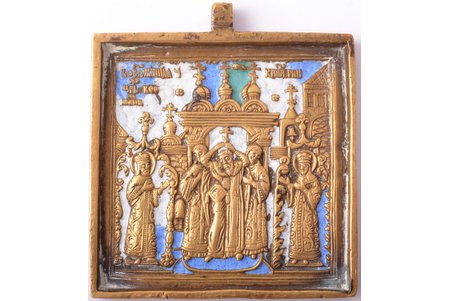 ikona, Kunga Krusta Pacelšana, vara sakausējuma, 3-krāsu emalja, Krievijas impērija, 19. un 20. gadsimtu robeža, 6.5 x 5.9 x 0.5 cm, 89 g.