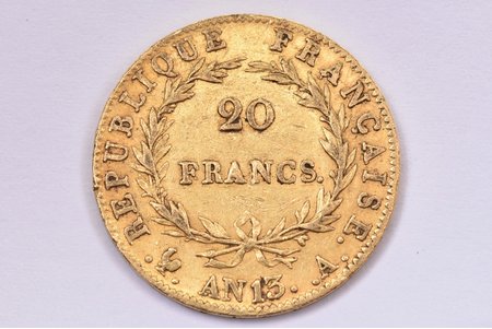 20 franki, 1804-1805 g., A, AN13, zelts, Francija, 6.40 g, Ø 21.1 mm, XF, VF