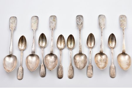 set of 12 spoons: 6 soup spoons and 6 teaspoons, silver, 84 standart, 1896-1907, 569.45 g, by Nicolai Schepelew (Schepilow), Riga, Russia, 22 / 14.8 cm