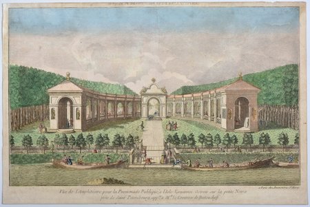 A view of the Amphitheatre for Public Promenade at the island Kamannoi Ostrow on the small Newa near Saint Petersburg, Russia, end of the 18th century, paper, engraving, 25.4 x 40.7 cm, optical print, also called "vue optique" or "vue d'optique", which were made to be viewed through a Zograscope, or other devices of convex lens and mirrors, all of which produced an optical illusion of depth. Engraving/etching with original hand colouring