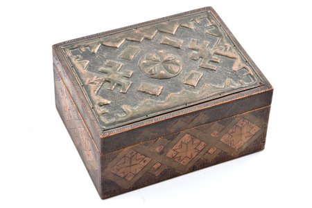 case, traditional motif, wood, copper, Latvia, the 20-30ties of 20th cent., 15 x 12 x 7.5 (13.7 x 10.5) cm
