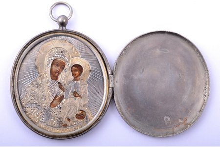 medaljons, Ibērijas Dievmāte, gleznojums uz metāla, sudrabs, zeltījums, māksliniecisks gravējums, 84 prove, Krievijas impērija, 1870 g., 5.6 x 4.6 x 0.6 cm, izstrādajuma kopējais svars 33 g