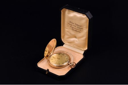 pocket watch, "Omega", Switzerland, gold, 585 standart, 94.16 g, 6.3 x 5.2 cm, Ø 52 mm, in a case, working well