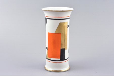vase, Suprematism, porcelain, sculpture's work, handpainted by Dmitriy Abrosimov (artist of the porcelain painting workshop "Baltars", until the founding of the workshop he worked for many years at the Kuznetsov manufactories in Russia and Riga), Riga (Latvia), 1930, 15.3 cm