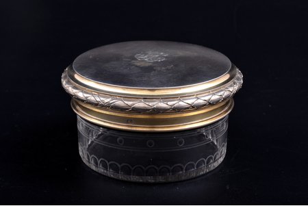 case, silver, 800, 950 standard, weight of silver lid 77.80, gilding, glass, Ø 8.6 cm, h 5 cm, by Keller Frères, France