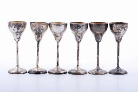 set of 6 small glasses, silver, 875 standard, 176.20 g, gilding, h 10.4 cm, Latvia