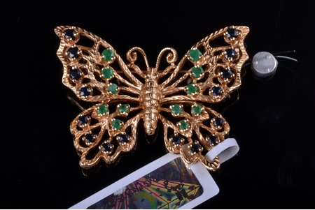 pendant-brooch, gold, 14 К standard, 9.48 g., the item's dimensions 2.9 x 3.9 cm, emerald, sapphire