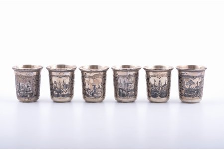set of 6 beakers, silver, 84 standard, total weight of items 366.30, niello enamel, h 6.1 cm, by Loskutov Peter, 1858, Moscow, Russia