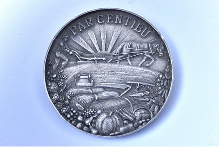 настольная медаль, За усердие, Министерство земледелия, серебро, Латвия, 1925 г., Ø 40 мм, фирма "S. Bercs"