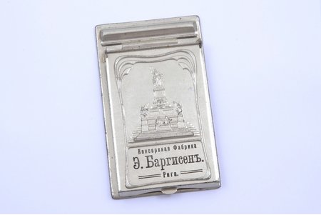 bloknota turētājs, "Konservu fabrika E. Bargisen", Rīga, metāls, Latvija, Krievijas impērija, 20. gs. sākums, 15 x 9 cm