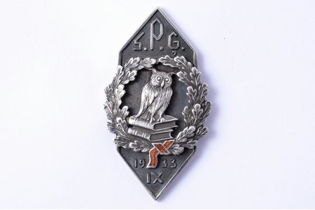 school badge, SPĢ, city gymnasium, silver, enamel, Latvia, 1933, 34 x 18.7 mm, missing nut
