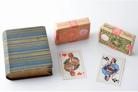 set of solitaire playing cards, 2x53 cards, published by Latvian Red Cross, 20-30ties of 20th cent., in a box, box size 10 x 7.9 x 2.2 cm