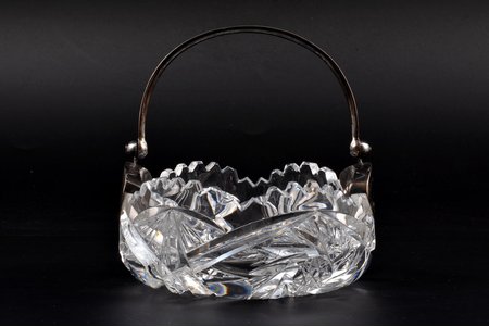 candy-bowl, silver, 875 standard, crystal, Ø 11.3 cm, h (with handle) 12.5 cm, the 20-30ties of 20th cent., Latvia