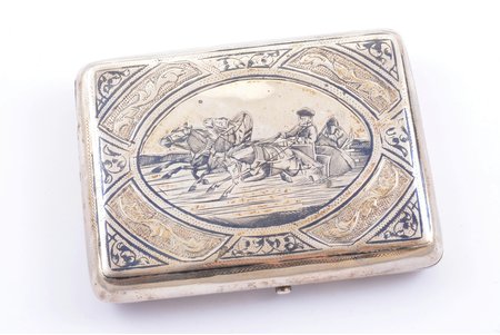 cigarette case, silver, 84 standart, "Troika", niello enamel, 1896-1907, 107.20 g, Daniil Petrov's workshop(?), Moscow, Russia, 7.4 x 9.6 x 2 cm