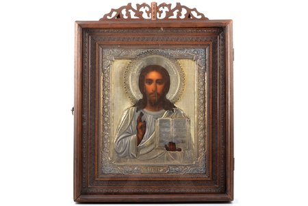 icon, Jesus Christ Pantocrator, in icon case, board, silver, painting, 84 standart, Russia, 1896-1907, 27 x 22.6 x 2.8 cm, icon case 40 x 32 x 7.6 cm