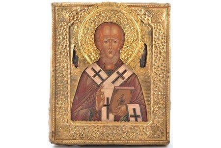 ikona, Svētais Nikolajs Brīnumdarītājs, dēlis, gleznojums, misiņš, Krievijas impērija, 31.2 x 26.6 x 3 cm, gleznojums ir pārgleznots, lai derētu uzlikai