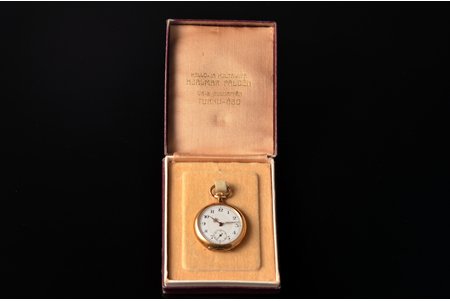 pocket watch, inner lid is metal, Switzerland, gold, 56, 14 K standart, 28.15 g, Ø 32.5 mm, the spring is overtightened, in a box