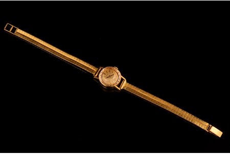 wristwatch, "Eterna", ladies', Switzerland, gold, 750, 18 K standart, 27.3 g, Ø 16 mm, length/bracelet width 19cm/6mm, in working codition, gold weight without mechanism 24.1 g, quartz movement