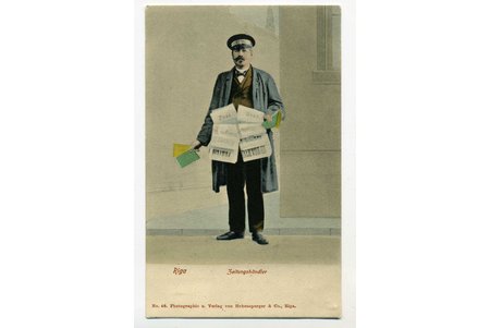 postcard, Riga, newspaper seller, Latvia, Russia, beginning of 20th cent., 13,8x8,6 cm