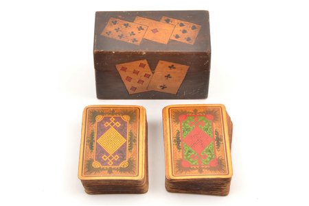 set of playing cards, Red Cross of Latvia, 2 sets (one of the sets missing a three of spades and a joker, in the other set one extra three of spades and missing joker), Latvia, in a wooden box, box size 7 x 11.3 x 5.9 cm