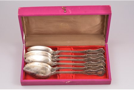 set of 6 soup spoons, silver, 875 standard, total weight of items 493.20, 22 cm, H. Bank's workshop, the 20-30ties of 20th cent., Latvia, different makers' marks: 3 spoons "HB" + 3 spoons "RP"