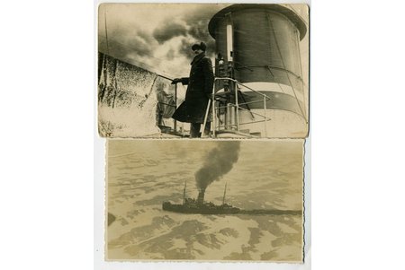 photography, 2 pcs., icebreaker Krišjānis Valdemārs with captain, Latvia, 20-30ties of 20th cent., 14x9, 13,2x8,2 cm