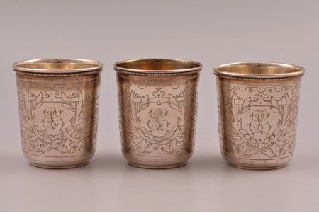set of 3 beakers, silver, 84 standard, total weight of items 224.95, engraving, h 6.8 cm, P. Milyukov workshop, 1891, Moscow, Russia