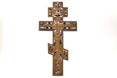 крест, Распятие Христово, медный сплав, 5-цветная эмаль, Российская империя, начало 20-го века, 37.7 x 19.5 x 0.6 см, 1000.5 г.
