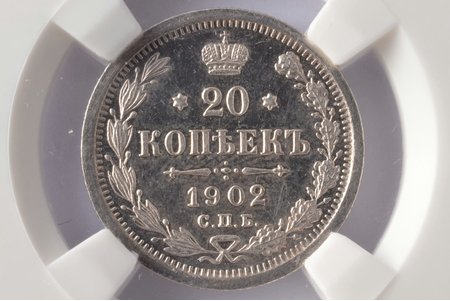 20 копеек, 1902 г., АР, "R", редкий минцмейстер, серебро, Российская империя, PF 62
