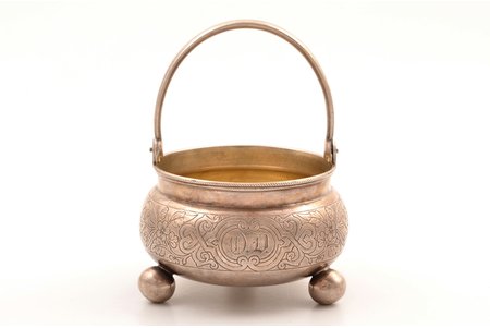 sugar-bowl, silver, 84 standard, 173.90 g, engraving, Ø 9.5 cm, h (with handle) 12.4 cm, by Goloshchapov Mikhail, 1880-1890, Moscow, Russia