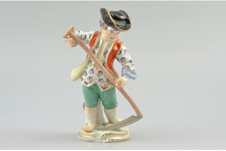figurine, The boy with a scythe, porcelain, Germany, Meissen, the 19th cent., h 12.5 cm, Surface chipp on the left lapel of the vest and on the right cuff