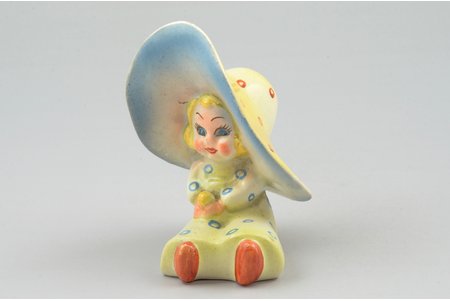 figurine, A Girl with a hat, faience, Riga (Latvia), M.S. Kuznetsov manufactory, hand-painted, the 30-40ties of 20th cent., 8 cm
