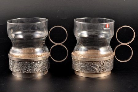 pair of tea glass-holders, silver, "Nugget", 830 standard, approximate total weight of items (without glass) 118.4, gilding, with glasses, h (with handle) 8 cm, 1971, Finland
