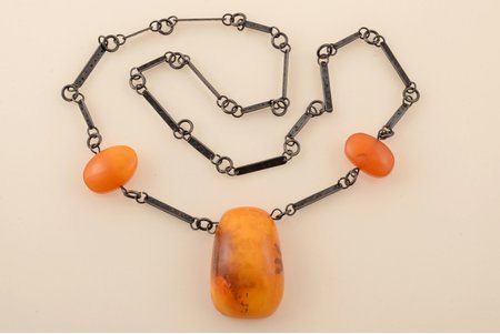 a necklace, amber, size of the largest amber stone 5.2 x 3.3 x 1.8 cm, silver, 875 standart, weight 53.85 g, 1964, Kaliningrad Amber Plant, Latvia, USSR, necklace lenghth 72 cm