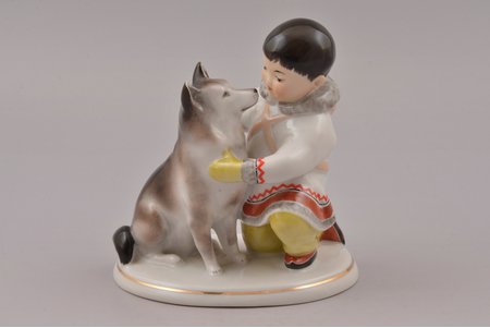 figurine, Yakut boy with dog, porcelain, USSR, LFZ - Lomonosov porcelain factory, molder - S.B. Velihova, the 70-80ies of 20th cent., h 13.4 cm, micro chip on the dog's ear
