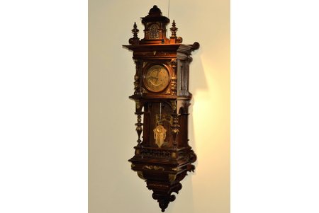 wall clock, wood, 115 x 39 x 21 cm, dial diameter 14 cm; in working condition