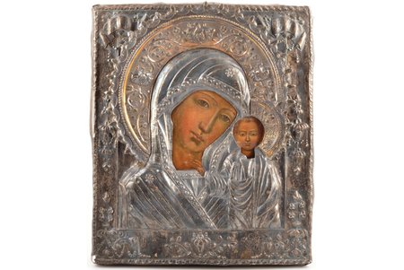 icon, 84 STANDART, icon of the Mother of God, board, silver, oklad weight 520.79 g., painting, Russia, 31.7 x 27 x 3.4 cm, without hallmarks, wreath made of metal made of metal containing silver, metal analysis performed in Latvian Assay Office