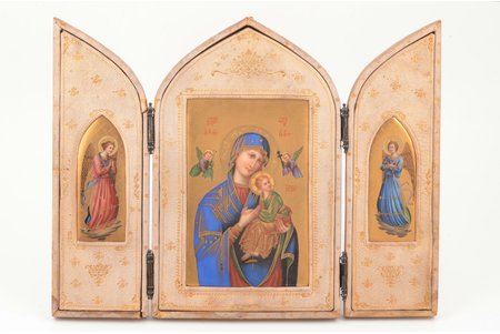 icon with foldable side flaps, Mother of God, painting, guilding, porcelain, leather, the beginning of the 20th cent., 24 x 31.4 x 1.3 cm, size in filded position 24 x 15.4 x 2.7 cm
