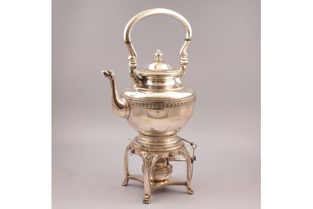 bouillotte, silver, 800 standard, 2027.40 g, teapot 1264.60 g + base 580.10 g + burner device 182.70, h (with base) 33.5 cm, Germany