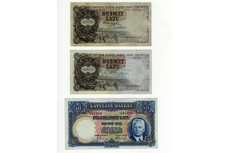 a set of 3 banknotes: 50 lats (1934), 10 lats (1937), 10 lats (1939), 1934-1939, Latvia