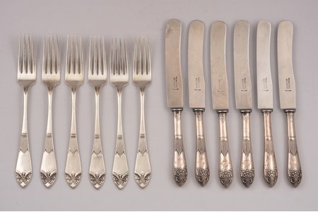 set of 6 forks and 6 knives, silver, 875 standart, knives - silver/metal, the 20-30ties of 20th cent., total weight of forks 282.95g, Latvia, fork 18.7 cm, knife 20.6 cm