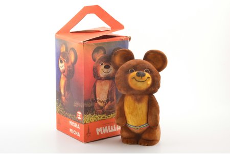a toy, Misha, the Olympic charm, manufactured by TK "Polümeer", USSR, Estonia, the 80ies of 20th cent., h 19 cm, in original box