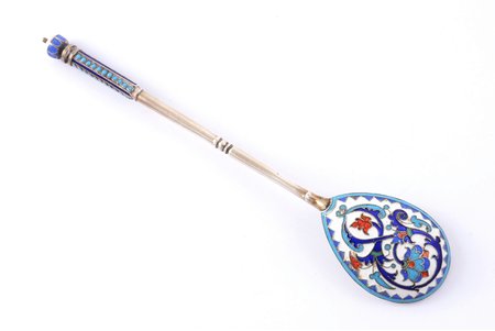 teaspoon, silver, 84 standard, 23.09 g, cloisonne enamel, 13.9 cm, 1892, Moscow, Russia