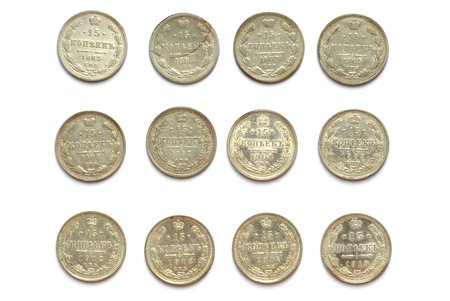 15 kopecks, 1863-1915, set of 12 coins, silver, silver billon (500), Russia